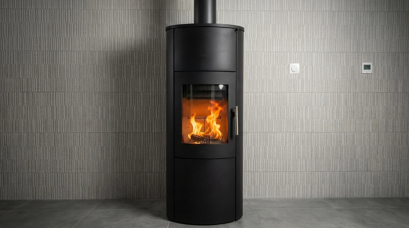 Poêle à bois cylindrique noir design installé dans un intérieur moderne